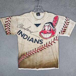 Vintage 90s Cleveland Indians AOP All Over Print Baseball Large T Shirt